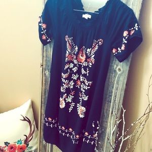 Floral embroidered navy dress